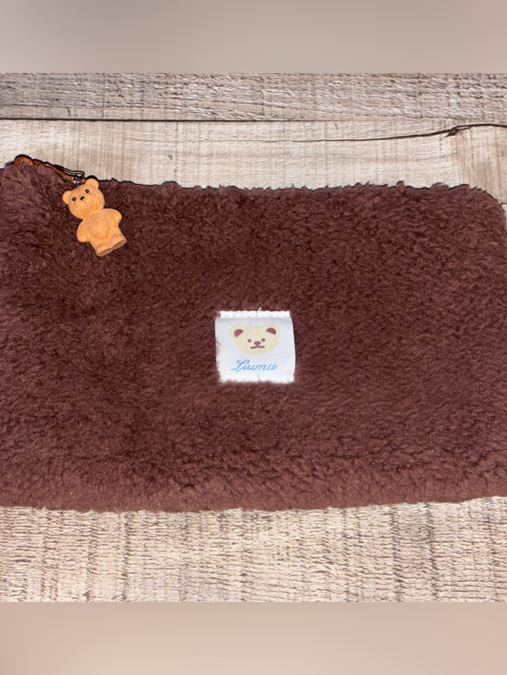 Dark Brown Plush Makeup Bag w/Bear Charm